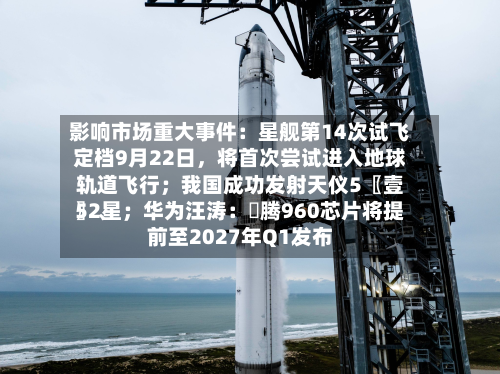 影响市场重大事件:星舰第14次试飞定档9月22日,将首次尝试进入地球轨道飞行;我国成功发射天仪5〖壹〗、
52星;华为汪涛:昇腾960芯片将提前至2027年Q1发布